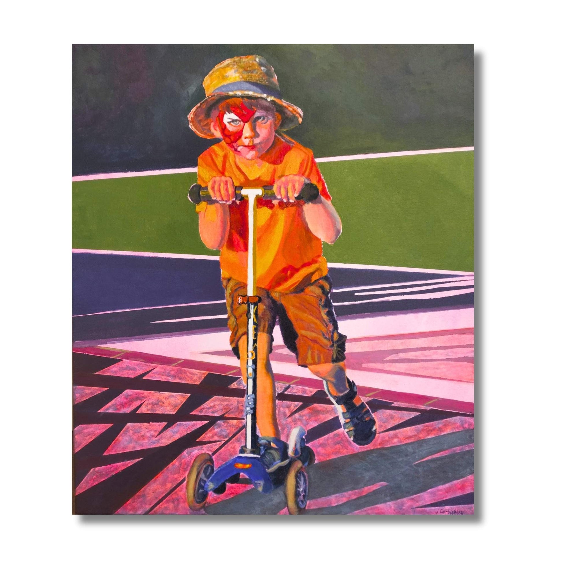 Face-paint, Focus & Fun, original oil on canvas by Janice Corbishley, young boy on scooter with red face paint and orange t-shirt, bold graphic shadows
