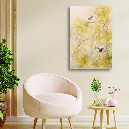 Fantails in Vines by Carol Theologo – misty New Zealand bush oil painting with two fantails