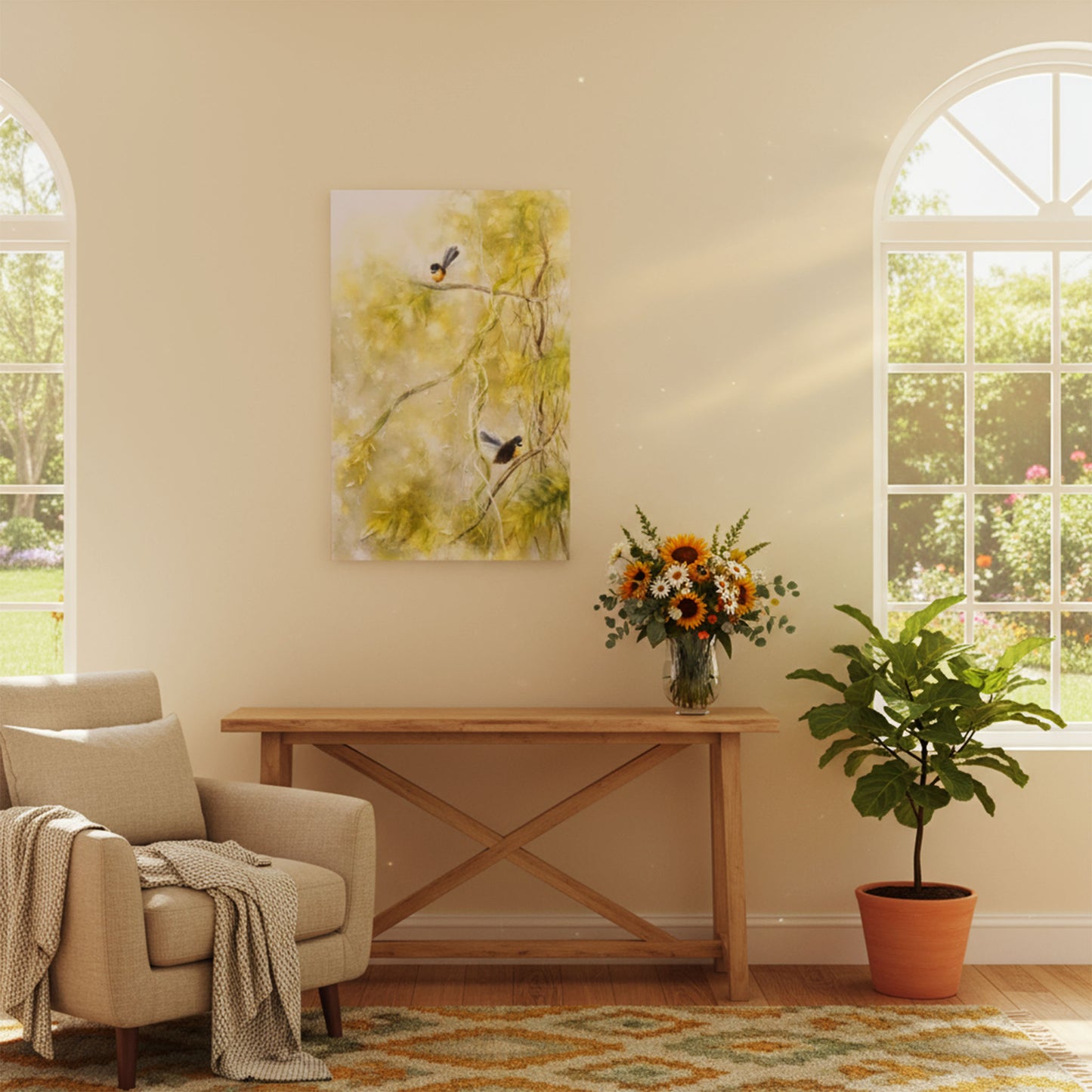 Fantails in Vines by Carol Theologo – misty New Zealand bush oil painting with two fantails