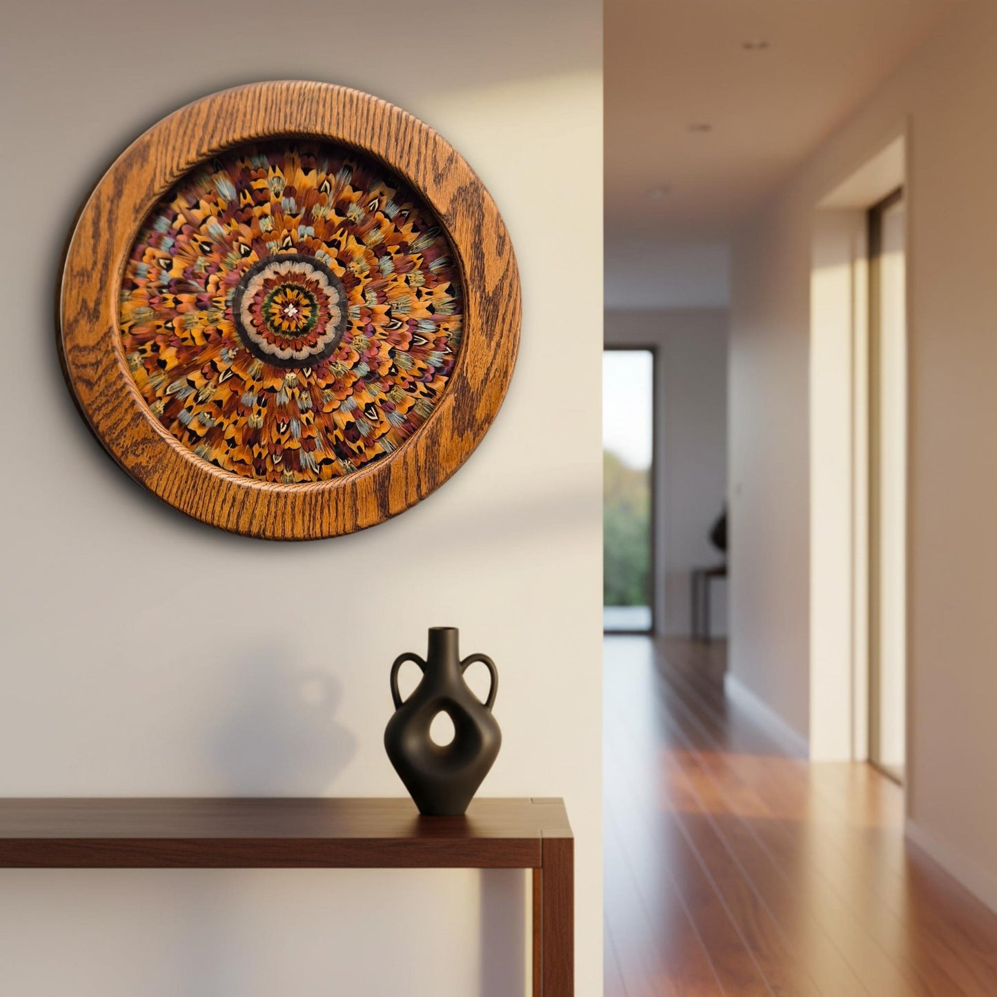 Fiona Gedson feather mandala hung in a warm contemporary NZ home interior, Red Peach Gallery Napier
