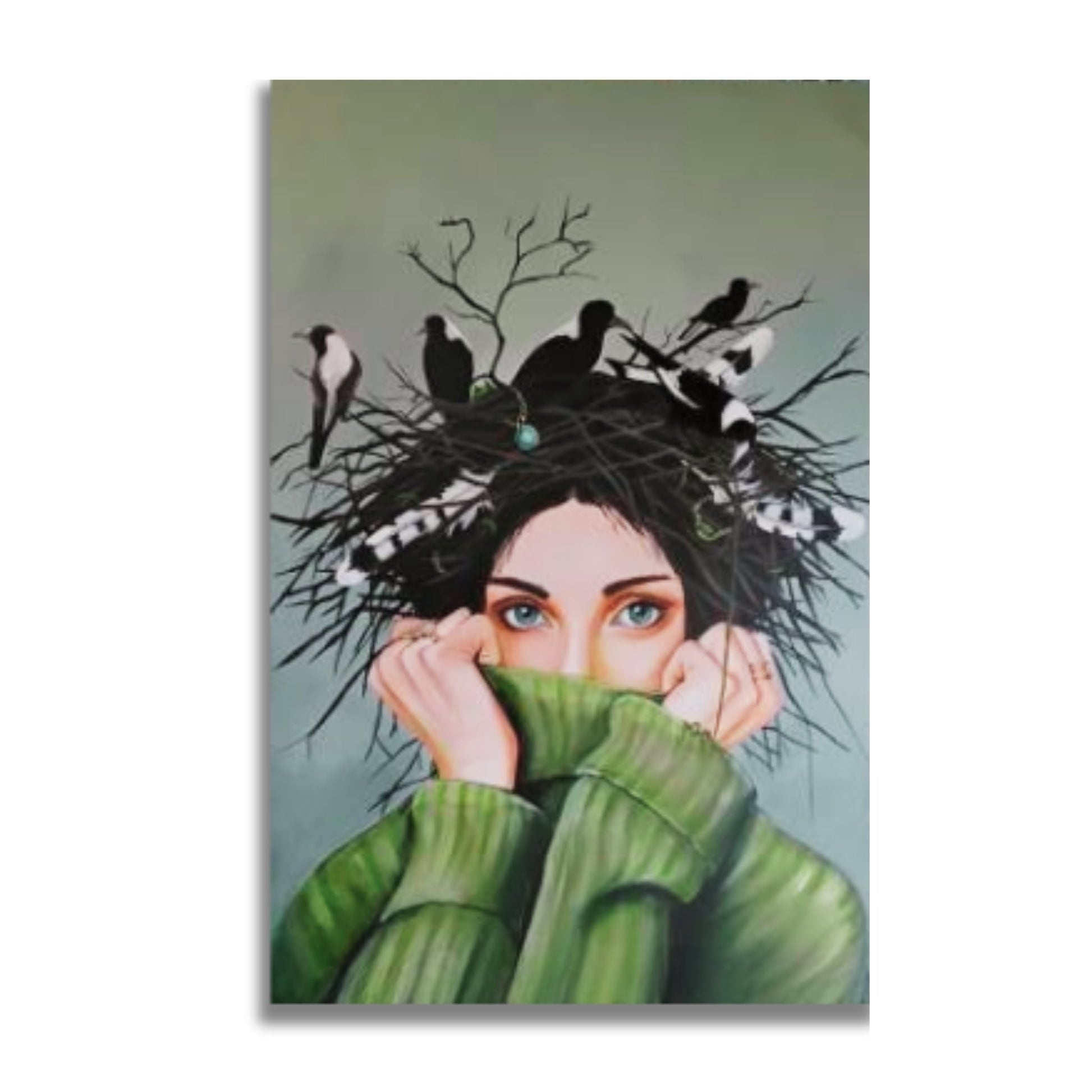Whimsical portrait art featuring nesting symbolism and emotional warmth by artist Mari Moore on white