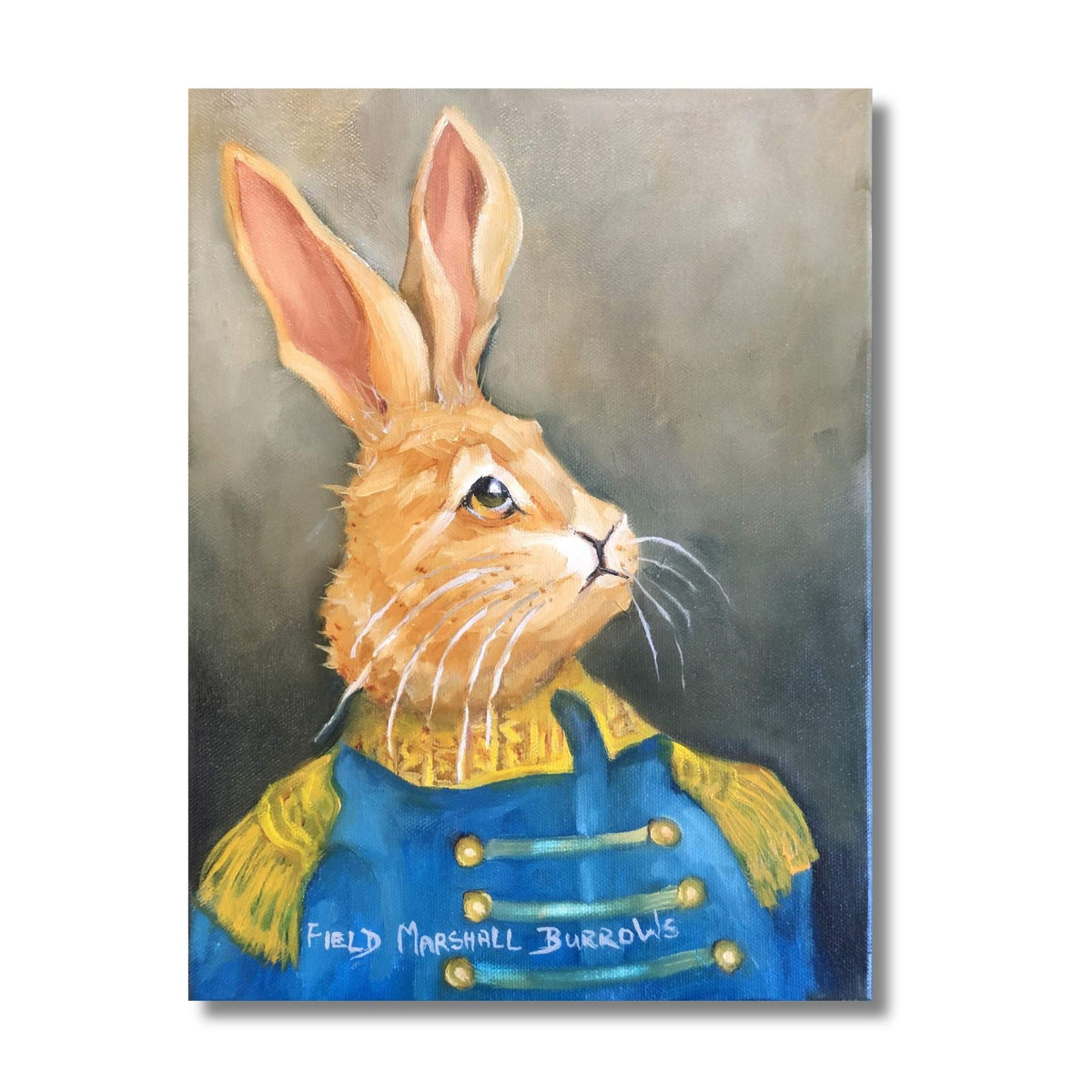 Field Marshall Burrows by Nola Weber, an oil portrait of a golden rabbit with tall pink-lined ears, wearing a blue military-style coat with gold trim and epaulettes.
