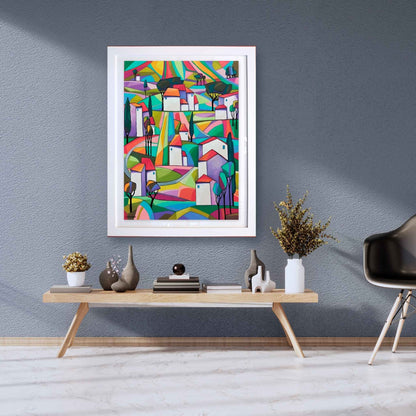Colorful abstract painting on a gray wall above a wooden console table with decorative items.