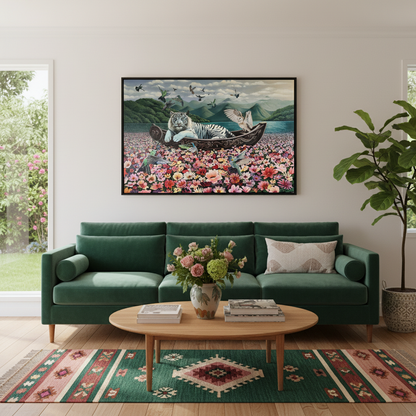 Lauren Worsley Floating on Flowers fantasy wildlife painting hung in a contemporary New Zealand home interior, Red Peach Gallery Napier
