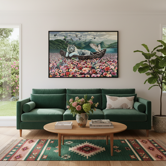 Lauren Worsley Floating on Flowers fantasy wildlife painting hung in a contemporary New Zealand home interior, Red Peach Gallery Napier
