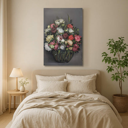 Bedroom with floral painting above the bed, lamp, and plant.