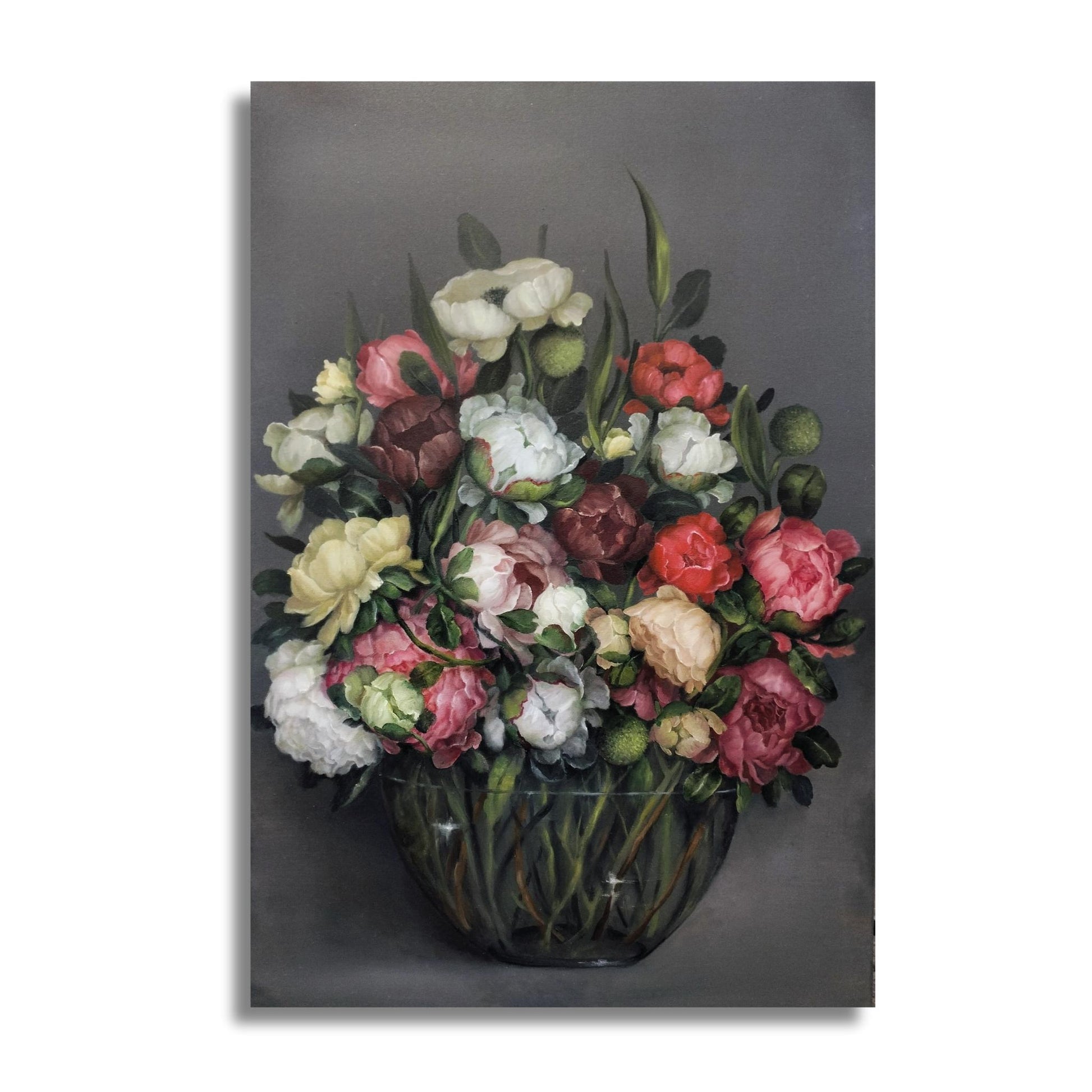 Floral painting with a variety of flowers in a glass vase on a dark background