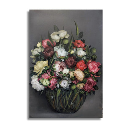 Floral painting with a variety of flowers in a glass vase on a dark background
