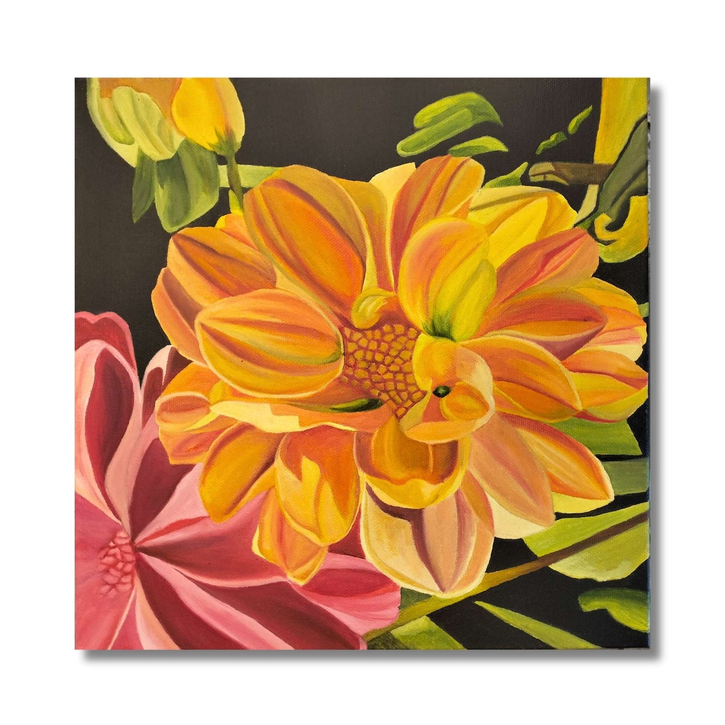 Original oil painting of a golden dahlia by Marion Aitken on dark background
