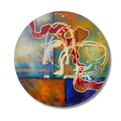 Original abstract circular acrylic painting with resin finish in rich reds, golds, teal and deep blue with fluid white lines, by New Zealand artist Clare Wilcox, 50cm round canvas.

