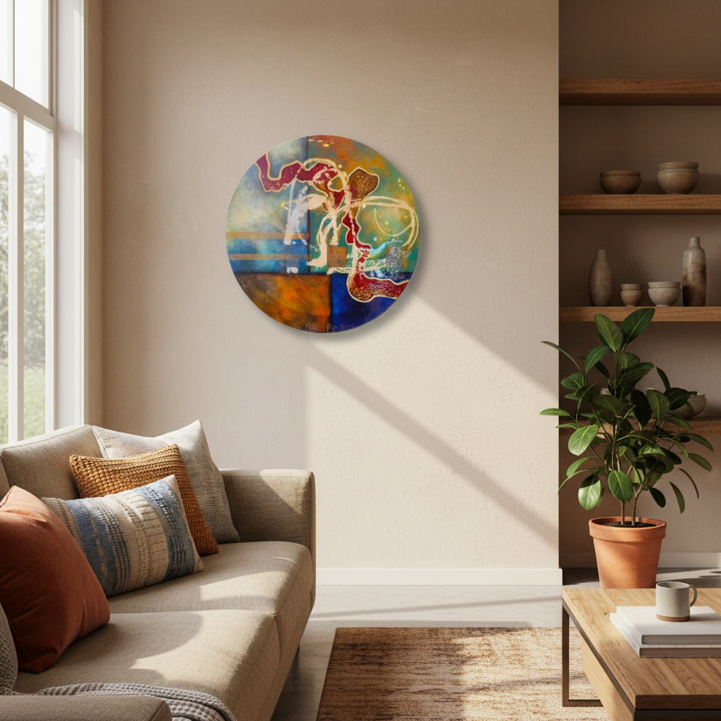 Round abstract acrylic painting Flowing by Clare Wilcox displayed in a warm contemporary home interior setting.
