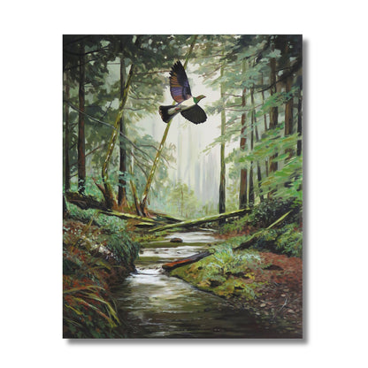 Acrylic painting of a kereru wood pigeon in flight through a misty New Zealand forest with a stream below by Vanessa Owens, unframed canvas
