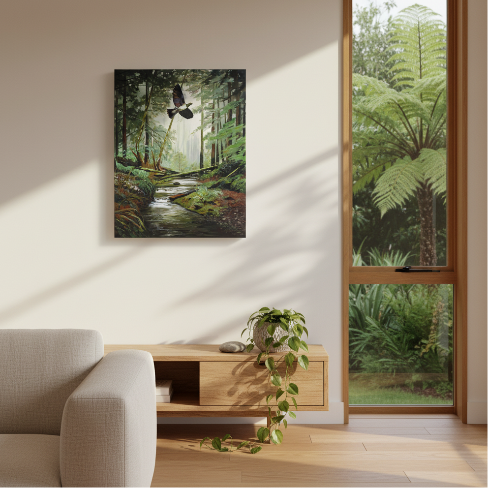 Vanessa Owens Flying Forest Kereru painting hung in a warm natural New Zealand home interior, Red Peach Gallery Napier
