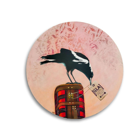  Close-up detail of whimsical magpie painting with embossed sky – by NZ artist Mari Moore