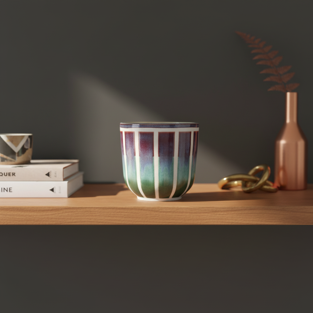 Forest Twilight Vase with vertical panel design by Karene Fairey styled in modern interior with natural light
