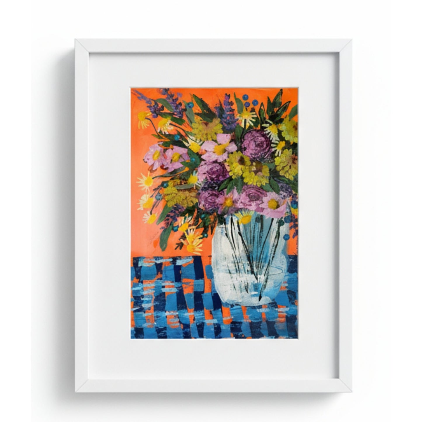 Framed  acrylic artwork of a colorful floral arrangement on an orange background by artist Susan Vorster