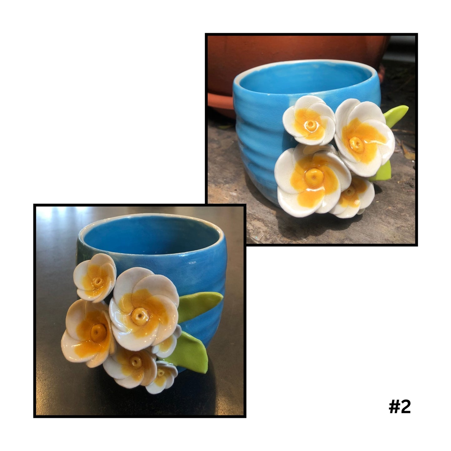 Blue ceramic bowl with floral decorations on a dark surface