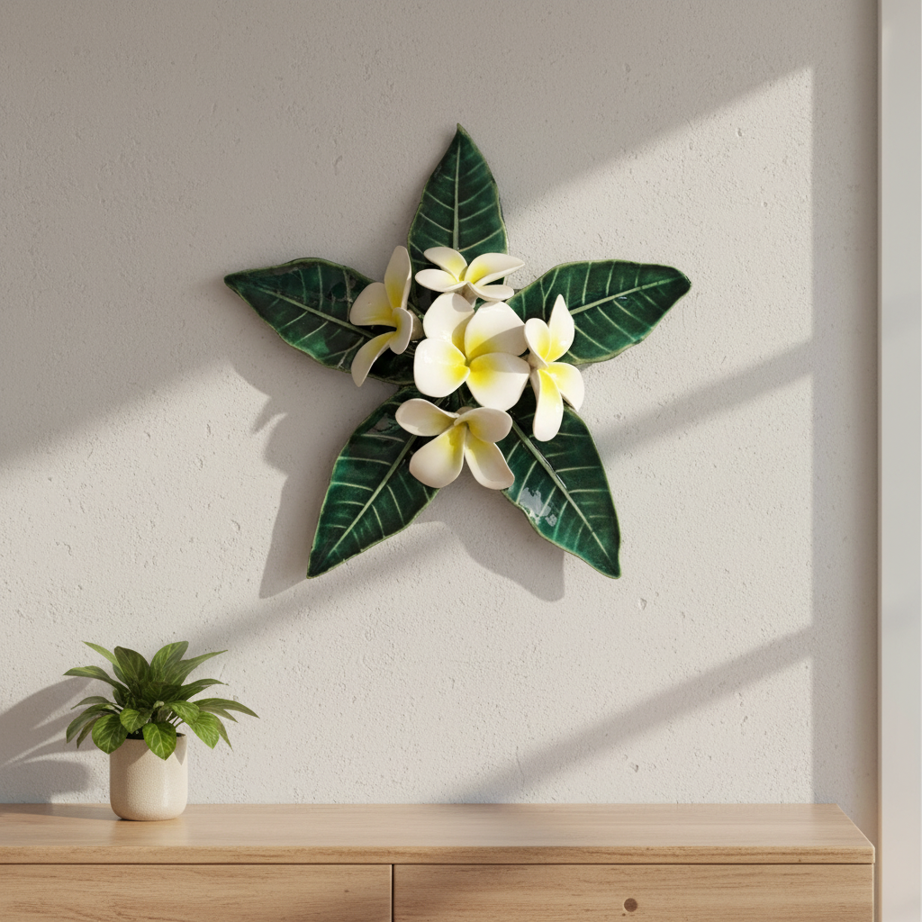 Three-dimensional Frangipani Wall Hanging by Tom Somerville mounted on wall in contemporary home with tropical styling and natural light
