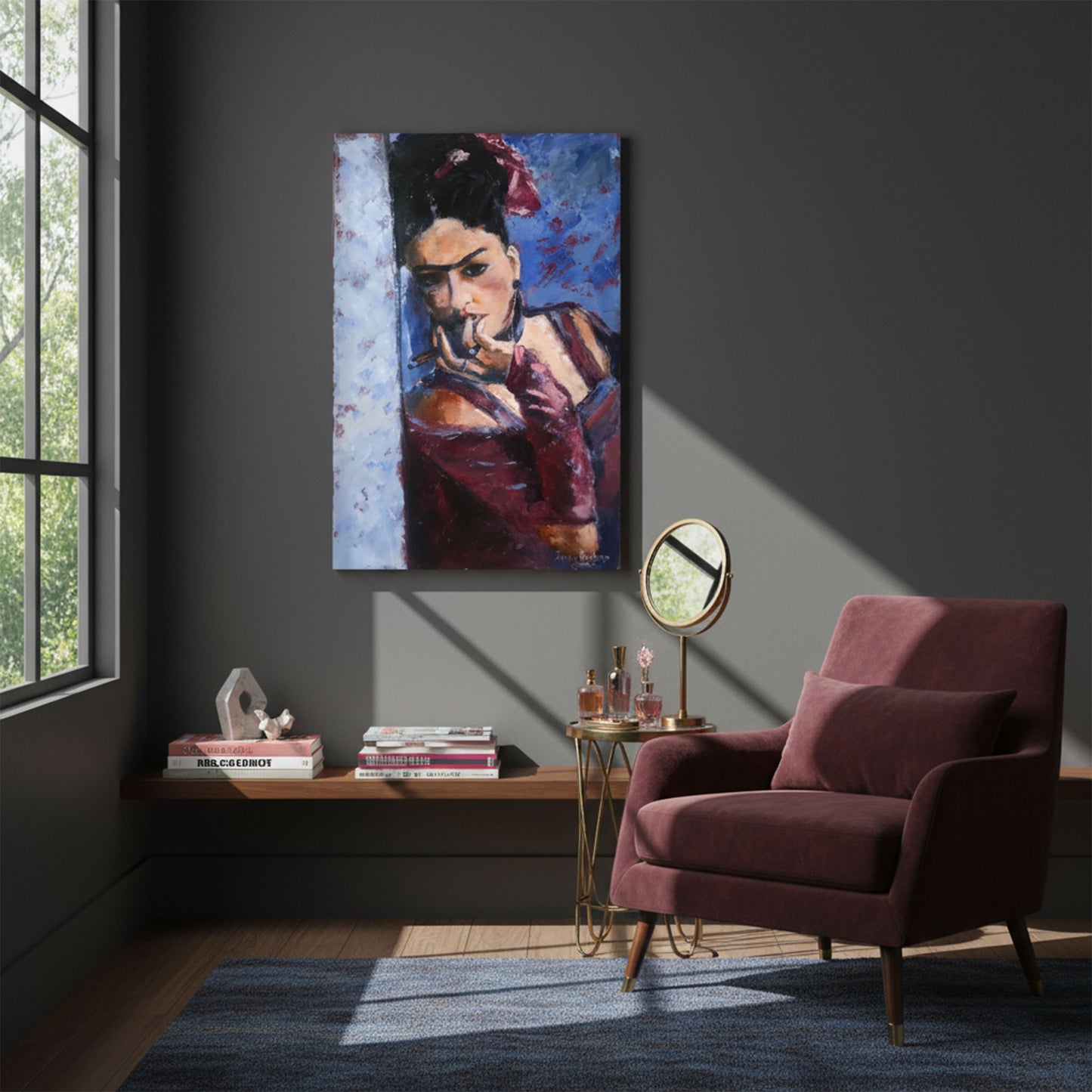 Freda by Jenny Bishop displayed in a home interior — figurative oil painting adding soulful depth and presence to the space