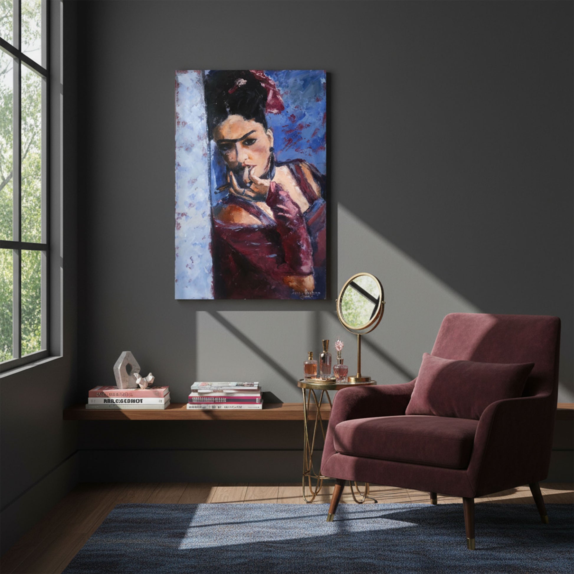 Freda by Jenny Bishop displayed in a home interior — figurative oil painting adding soulful depth and presence to the space