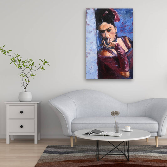 Freda by Jenny Bishop displayed in a home interior — figurative oil painting adding soulful depth and presence to the space