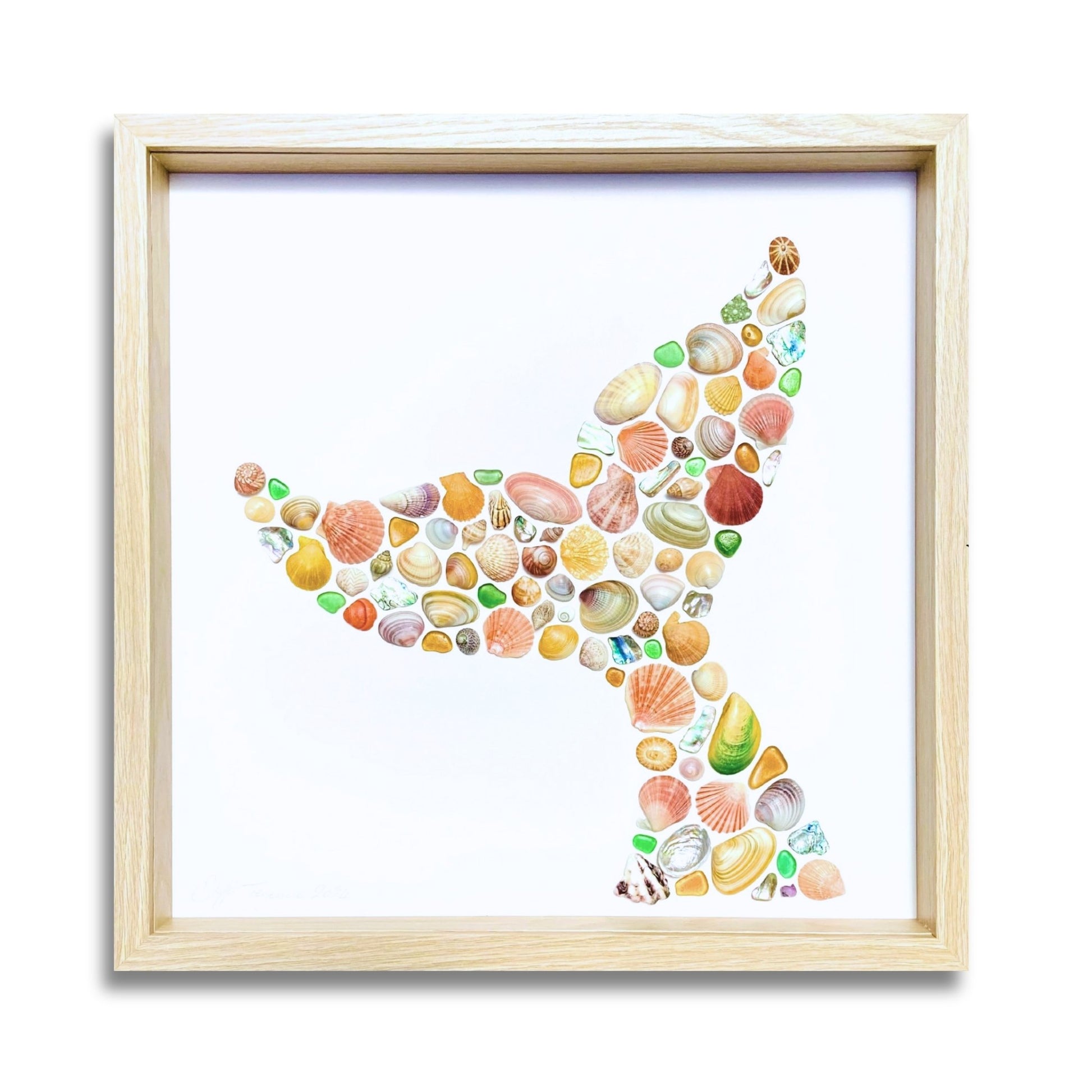 Frolicking Whale sea glass artwork by Steffi Tregenna featuring multicoloured shells, sea glass, and paua in a whale tail shape, framed in pale wood.