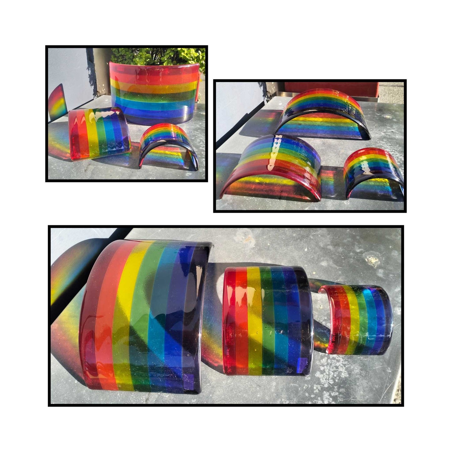 Small, Medium and Large vibrant fused glass rainbow arch, multiple views, handcrafted in NZ by Jill Matthew.