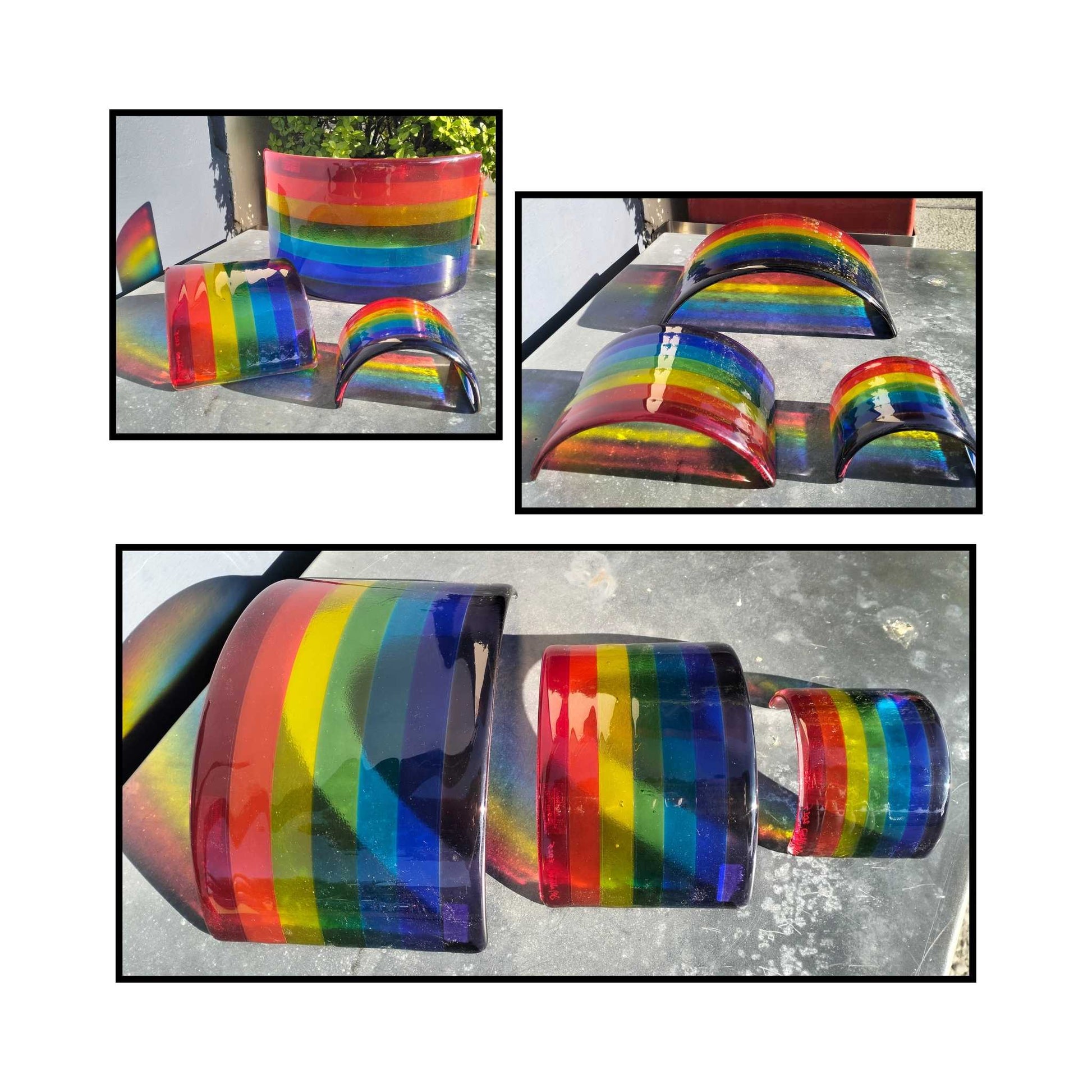 Small, Medium and Large vibrant fused glass rainbow arch, multiple views, handcrafted in NZ by Jill Matthew.