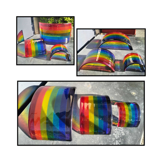 Small, Medium and Large vibrant fused glass rainbow arch, multiple views, handcrafted in NZ by Jill Matthew.