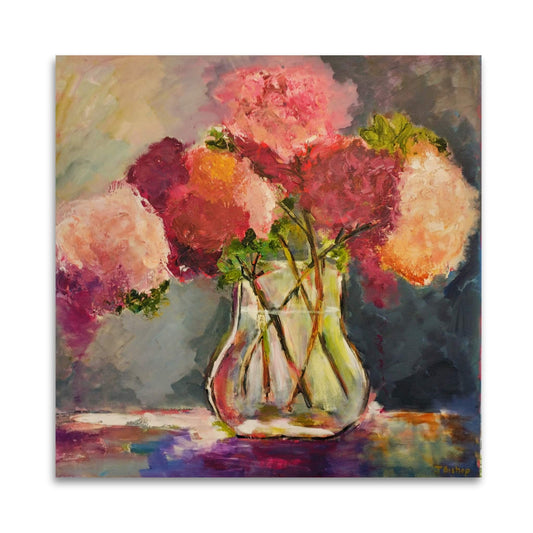 Square floral painting of pink and white flowers in a glass jar by Jenny Bishop on white background