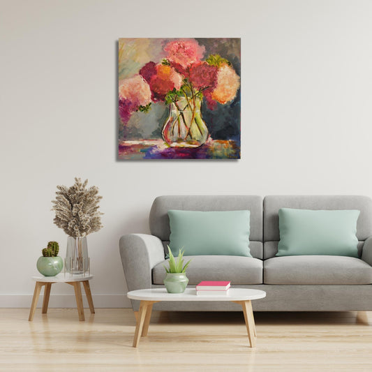 Square floral painting of pink and white flowers in a glass jar by Jenny Bishop in home setting
