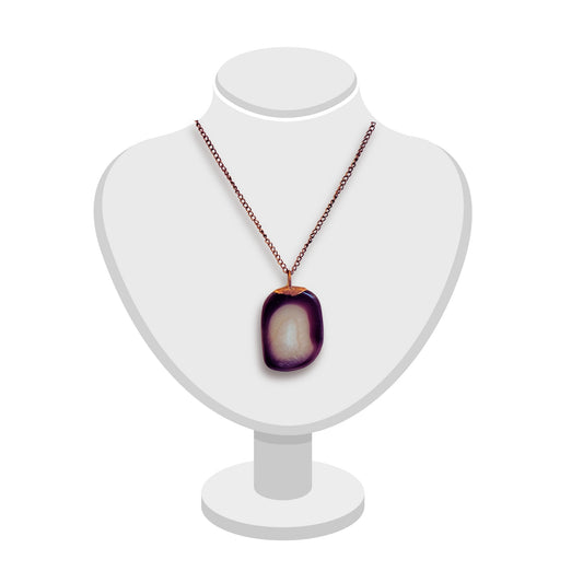 Oval manganese agate pendant with brown edges and milky white centre, handmade by Gary Howse, displayed on a white bust.