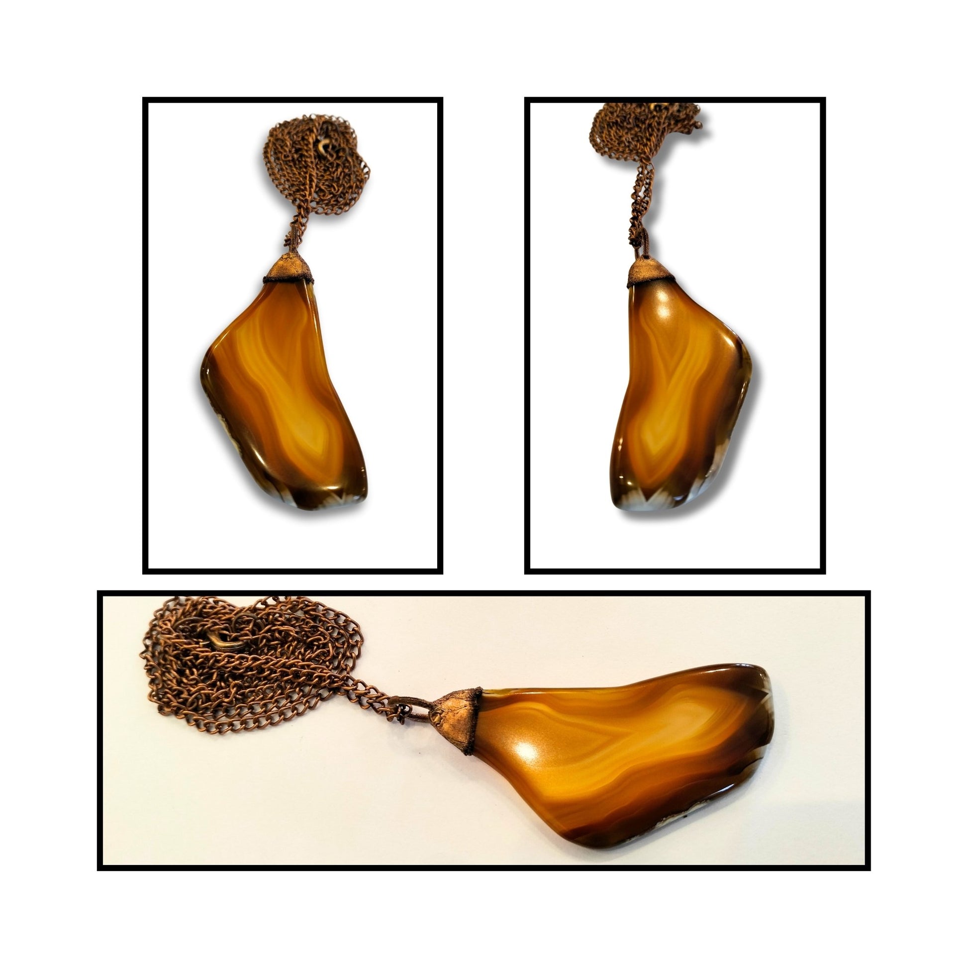 Close-up of handmade carnelian agate pendant with copper detail and natural stone pattern.