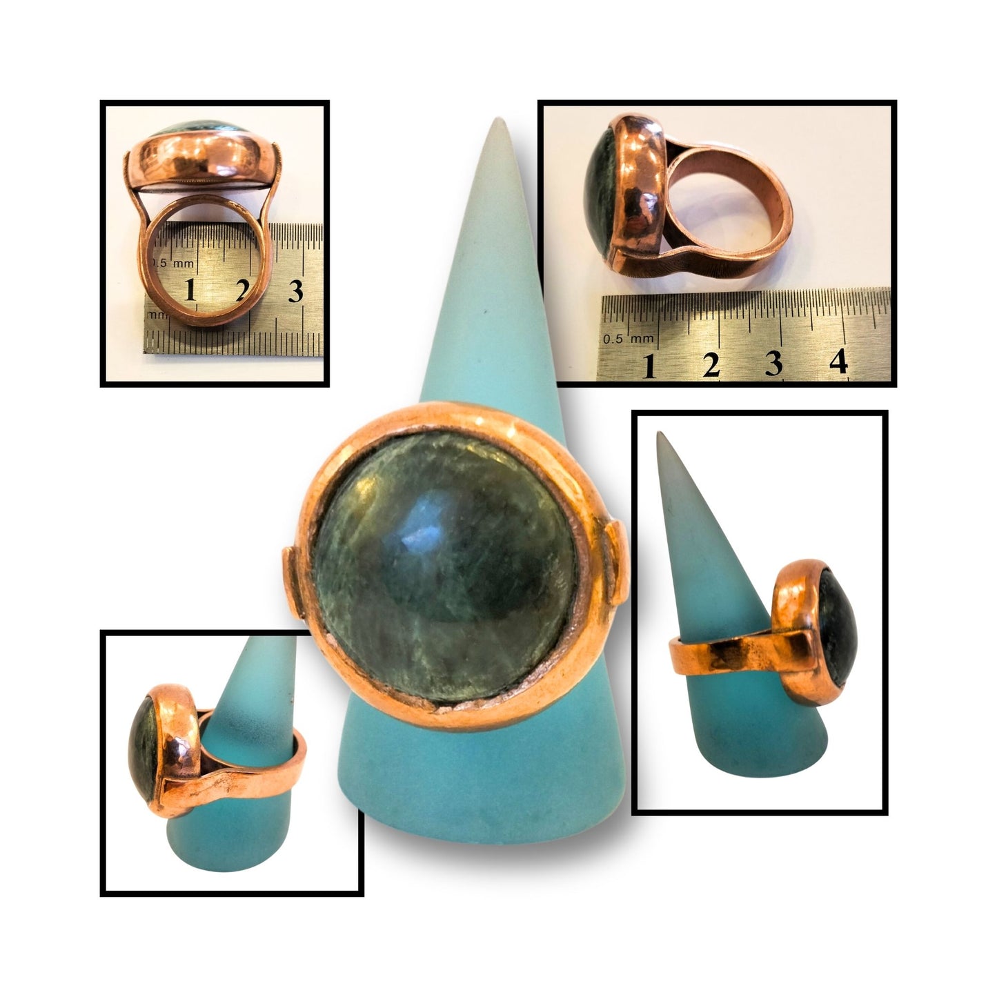 Multiple views ofGreenstone and copper statement ring handmade by Gary Howse, with a round greenstone set on a smooth copper band