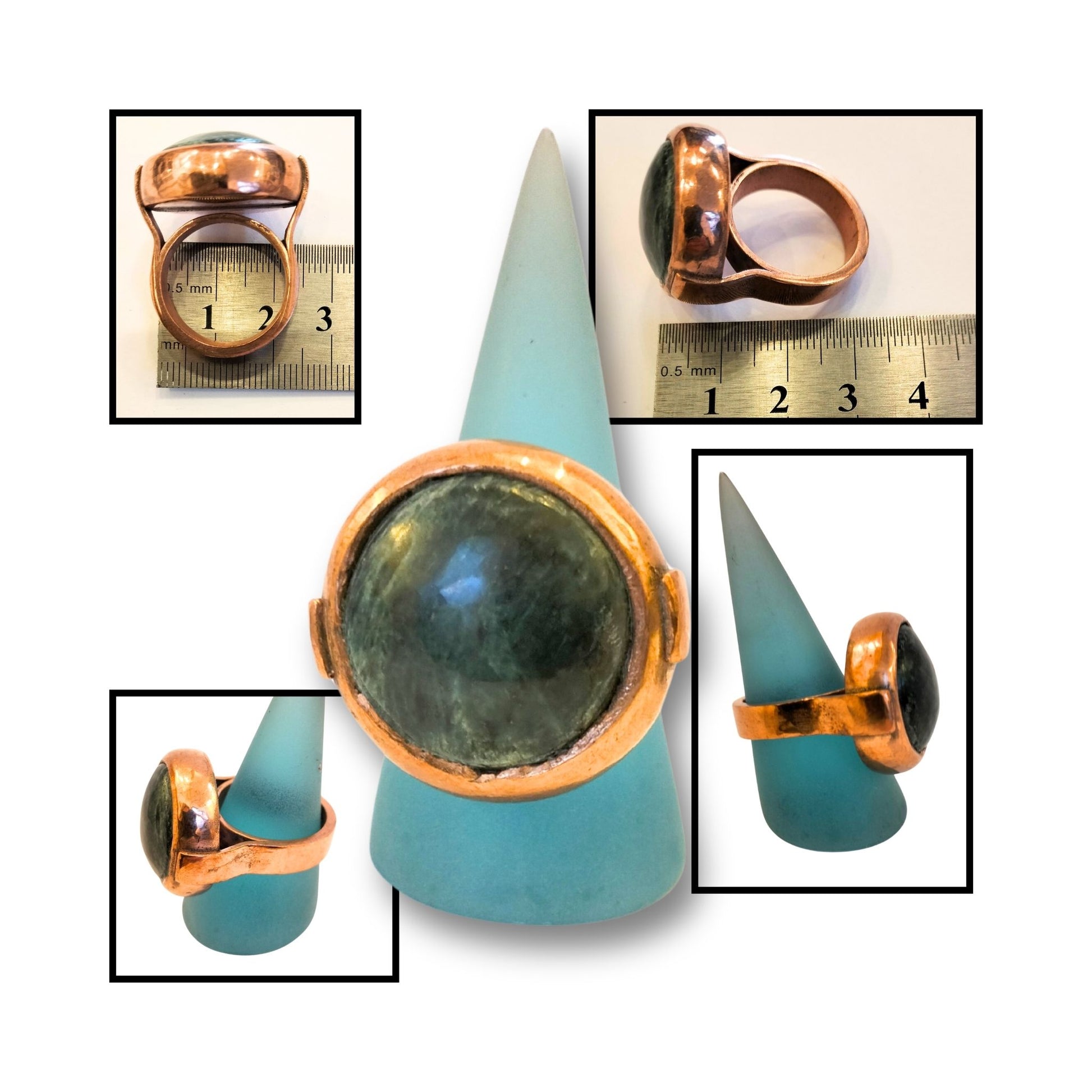 Multiple views ofGreenstone and copper statement ring handmade by Gary Howse, with a round greenstone set on a smooth copper band
