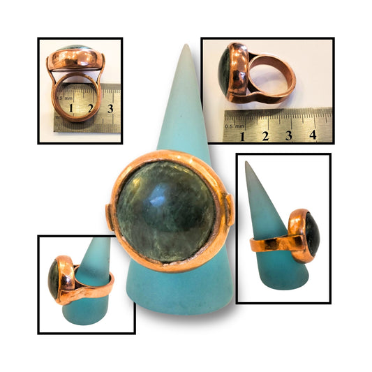 Multiple views ofGreenstone and copper statement ring handmade by Gary Howse, with a round greenstone set on a smooth copper band