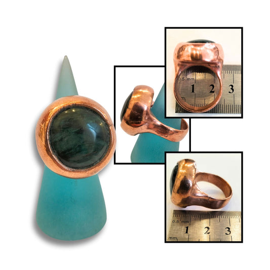 Close-ups of greenstone ring set in smooth copper, showing stone texture and handcrafted finish.