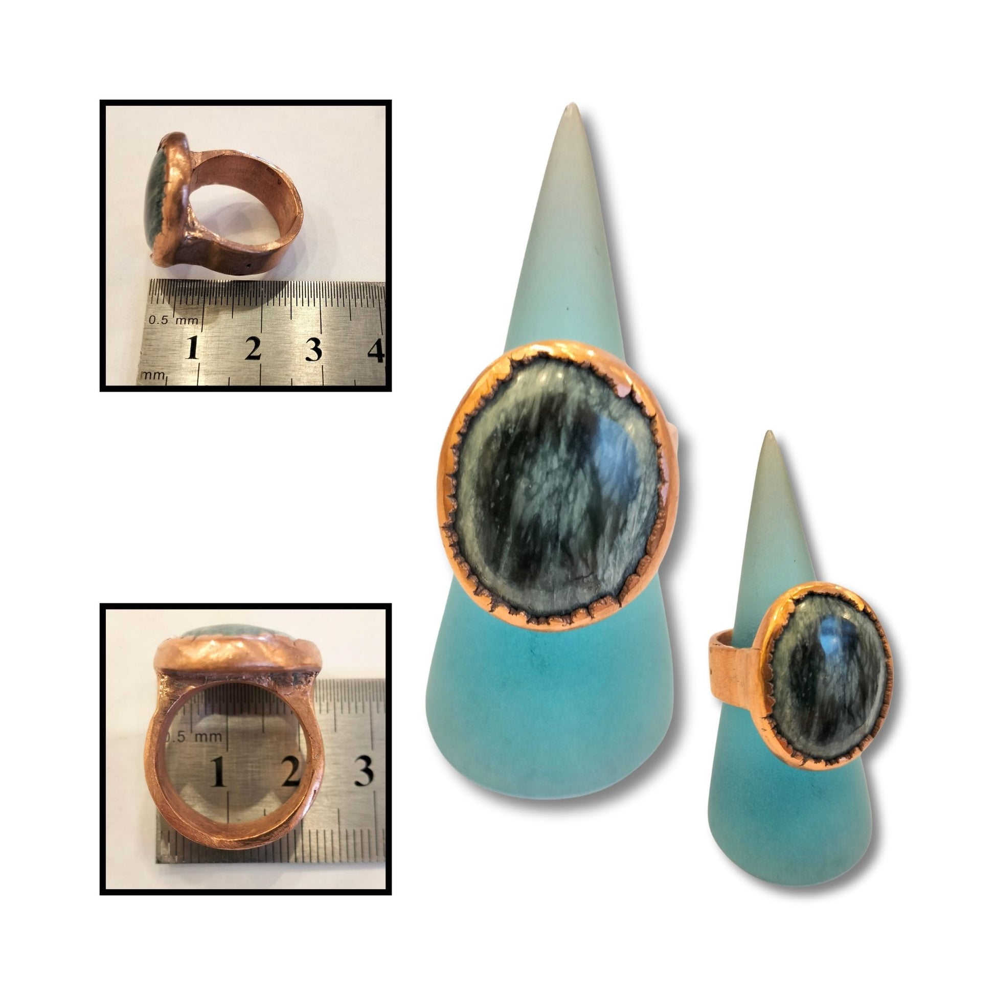 Multiple views and angles of handmade greenstone and copper ring with a rugged bezel edge.