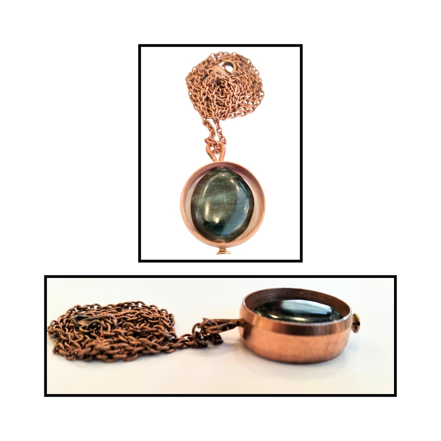 Close-up of oval greenstone bead loosely held inside smooth copper ring.