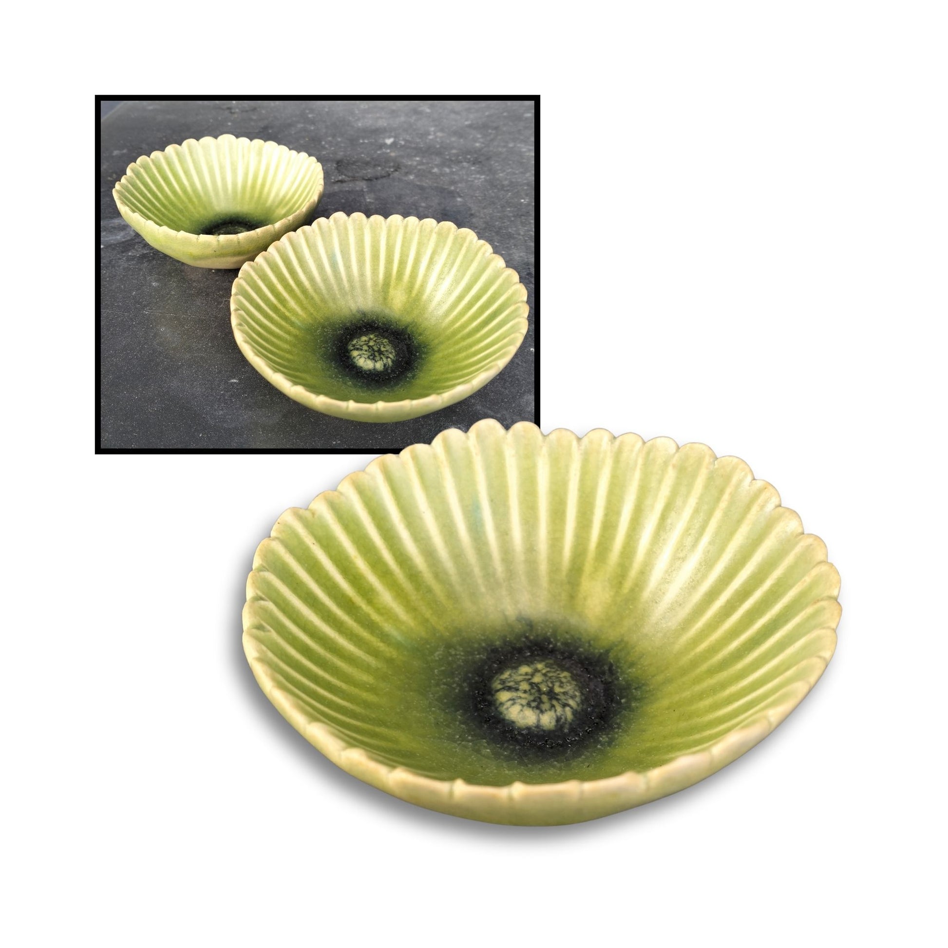 Small olive green ceramic dish with ridged petal-like texture