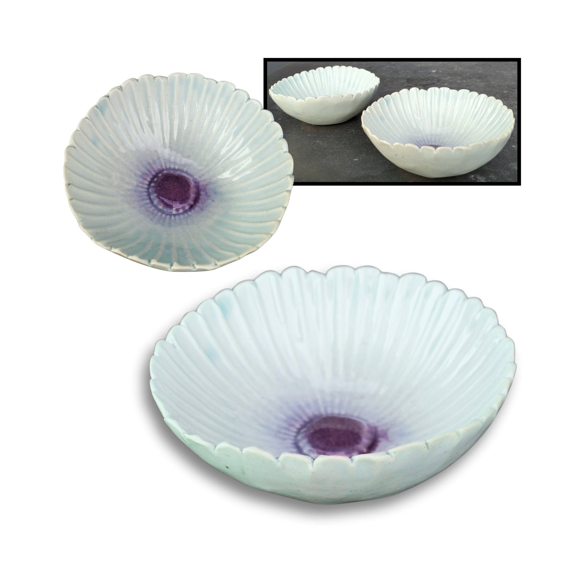 Small pale blue with soft purple centre ceramic dish with ridged petal-like texture