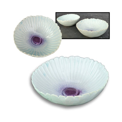 Small pale blue with soft purple centre ceramic dish with ridged petal-like texture