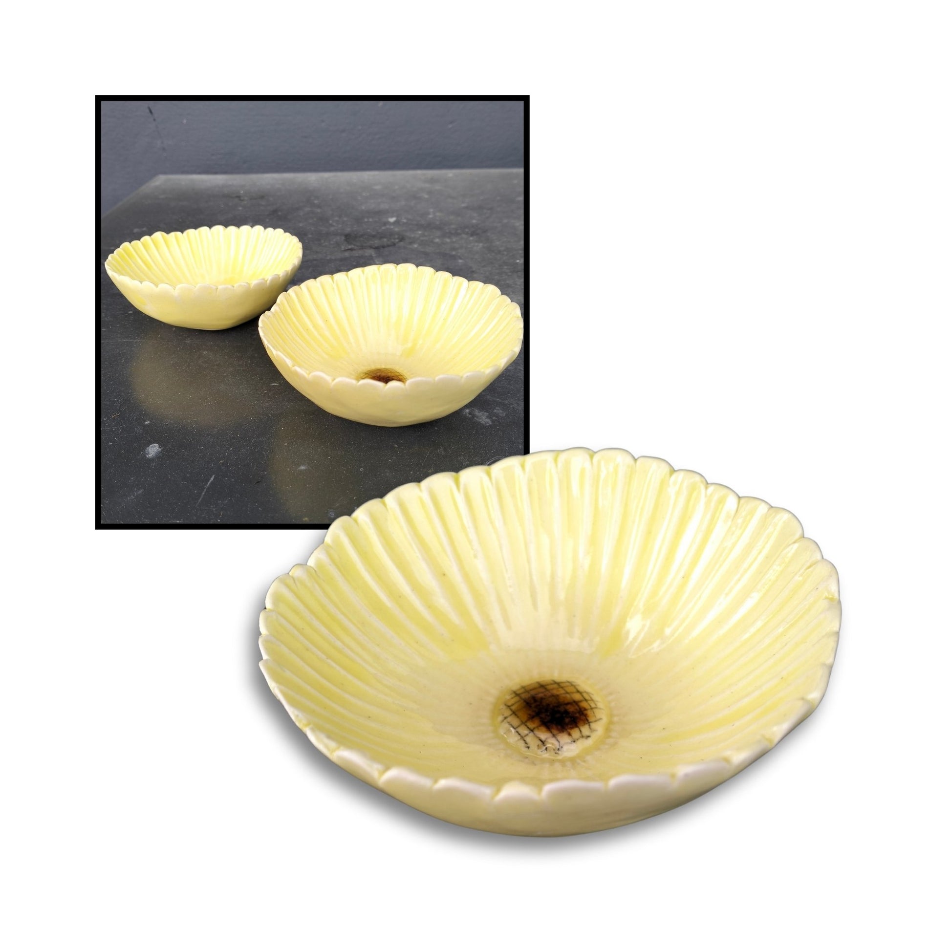 Yellow ceramic Gerbera trinket dish
