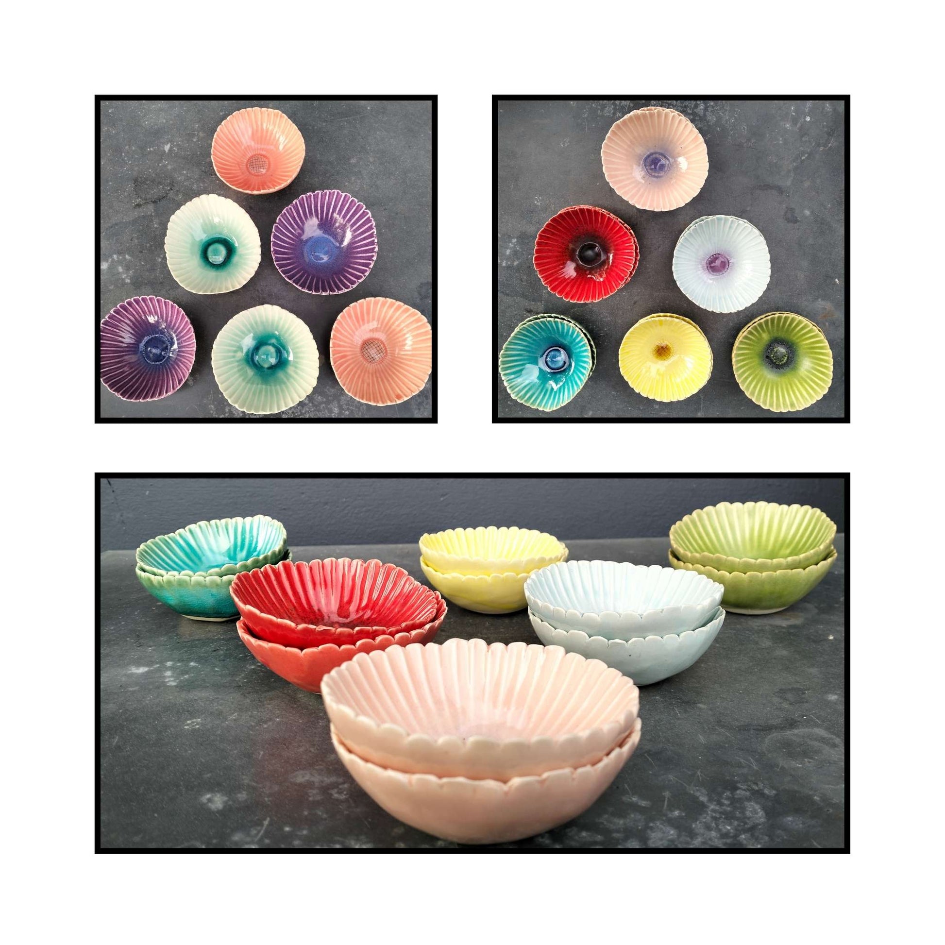 Handmade ceramic Gerbera trinket dishes in assorted colours by Tom Sommerville