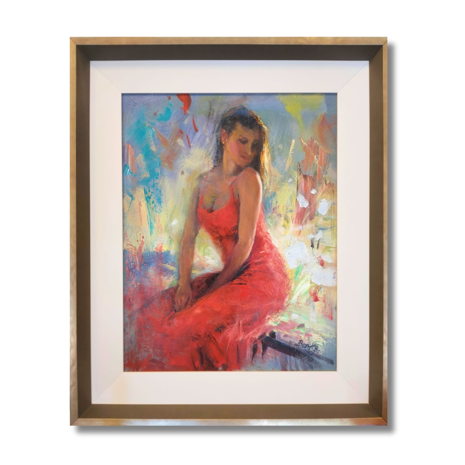 Framed oil painting of elegant woman in coral red dress with gold earring against soft colorful abstract background