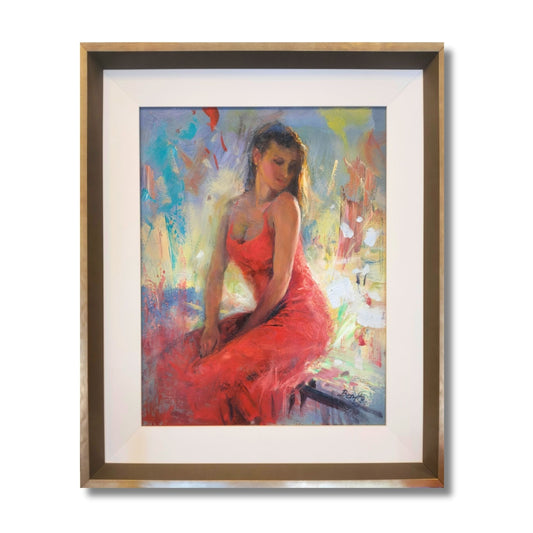 Framed oil painting of elegant woman in coral red dress with gold earring against soft colorful abstract background