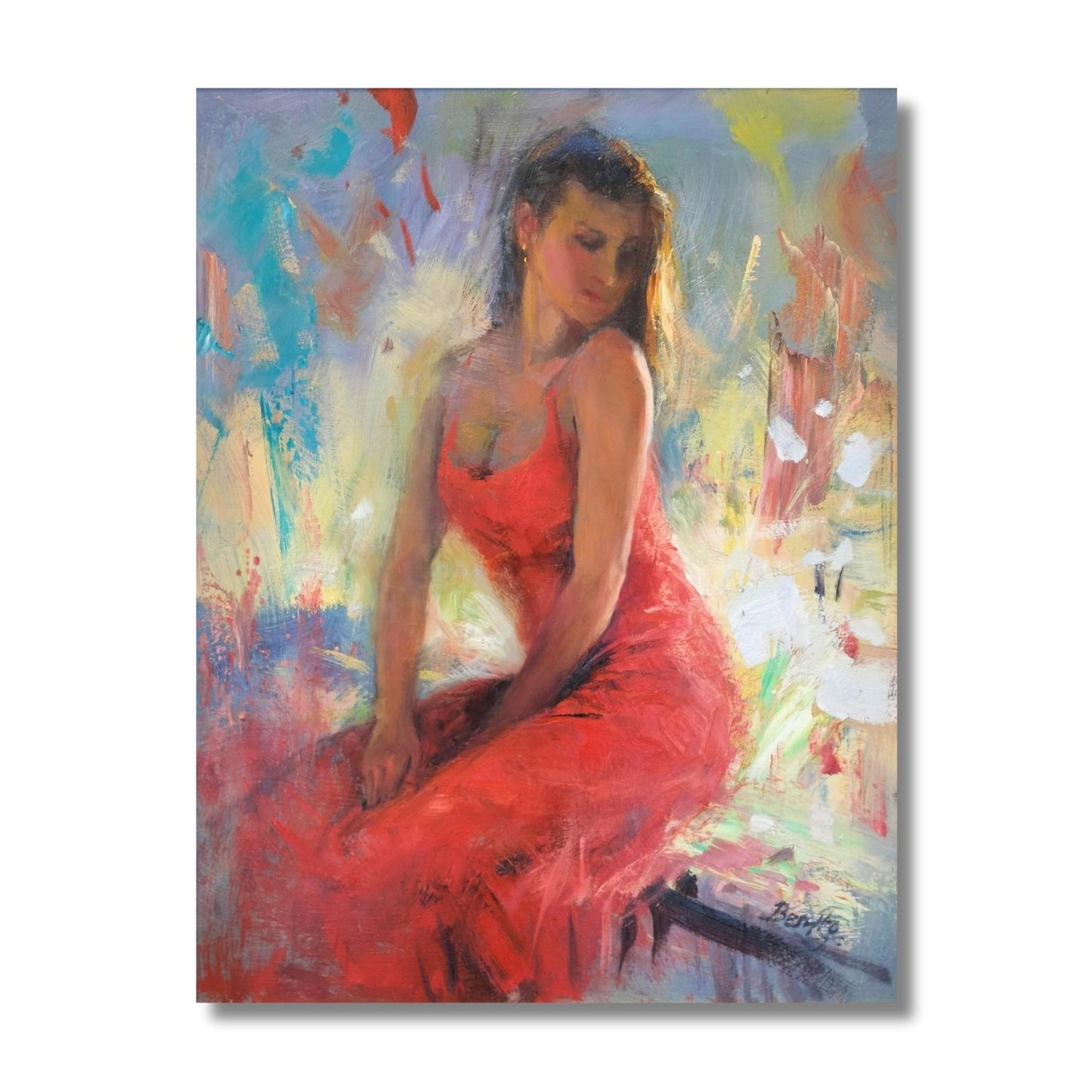 Close-up of The Gold Earring oil painting showing luminous brushwork and vibrant coral tones


