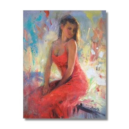 Close-up of The Gold Earring oil painting showing luminous brushwork and vibrant coral tones


