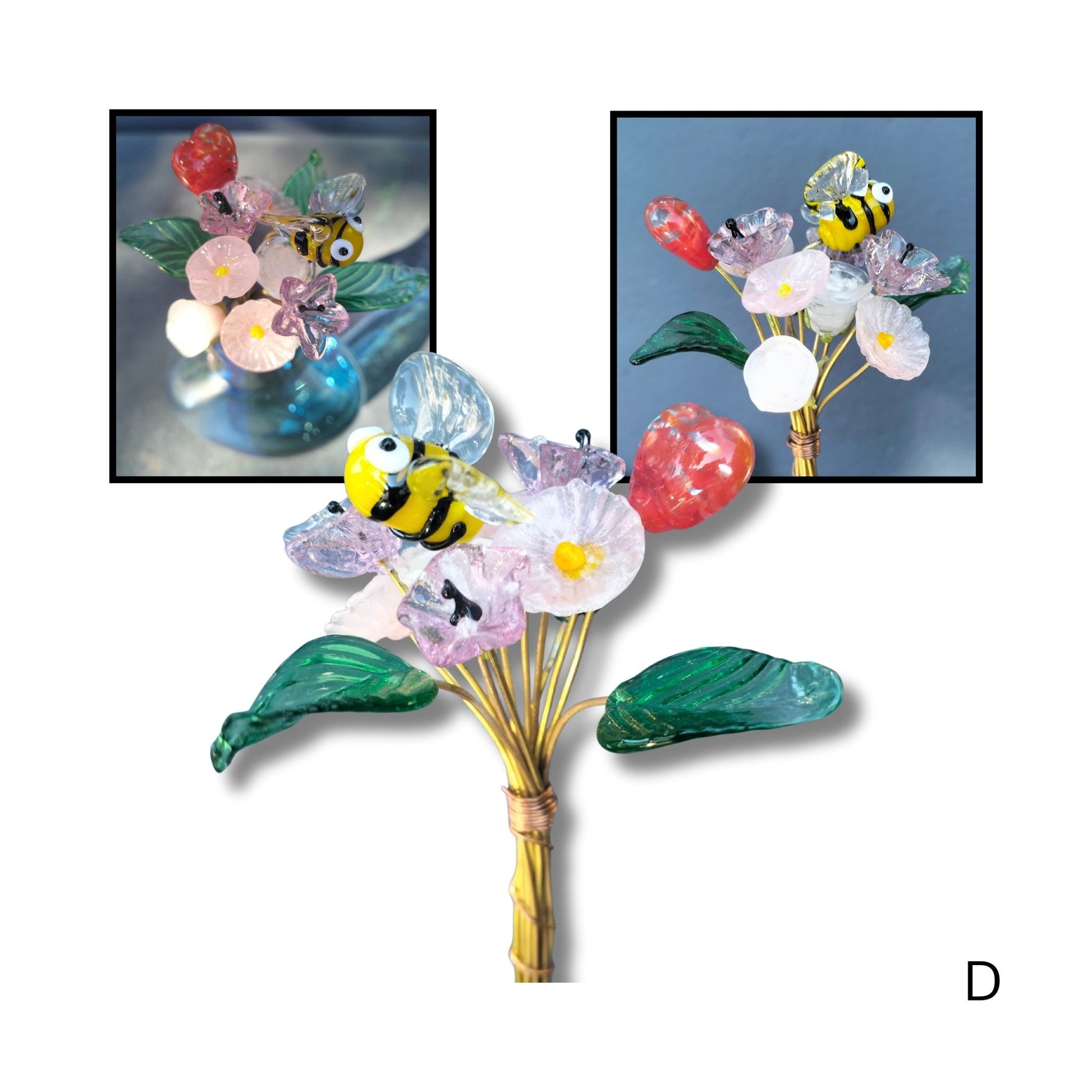 Glass bouquet D with mixture coloured flowers, and bee on copper stems.