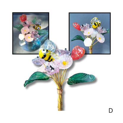 Glass bouquet D with mixture coloured flowers, and bee on copper stems.